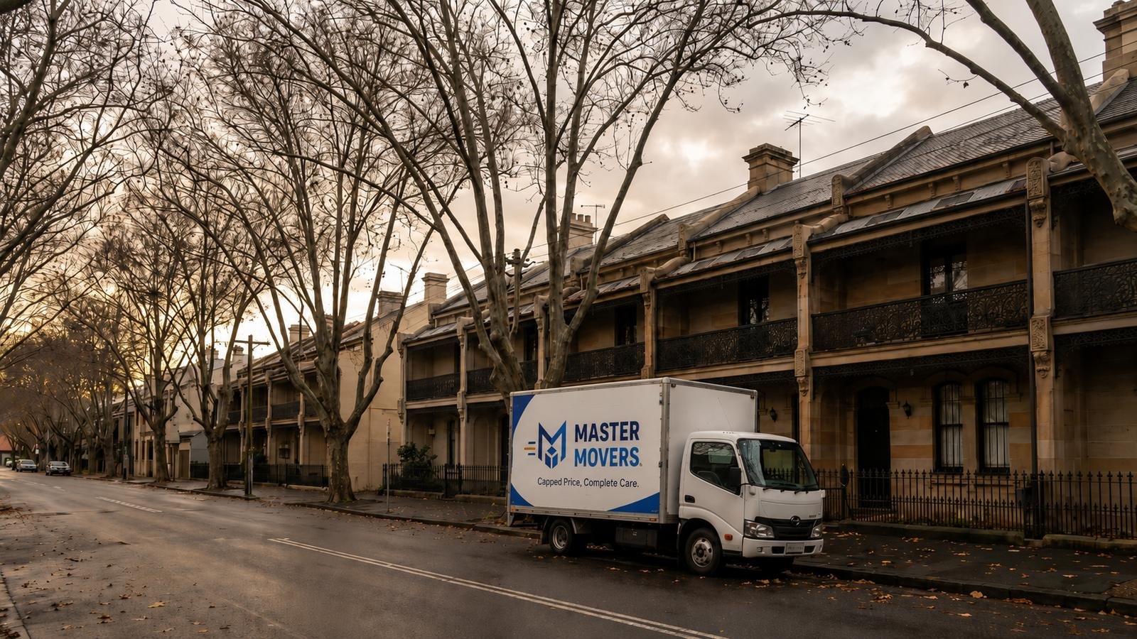 Master Movers truck on a terrace-lined street in Sydney's Inner West