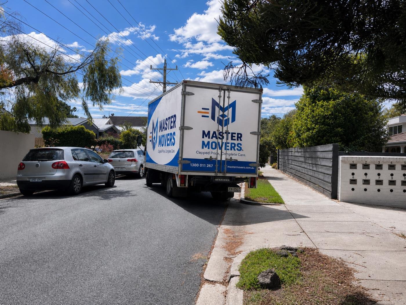 Master Movers truck backing into a driveway on a Sydney street